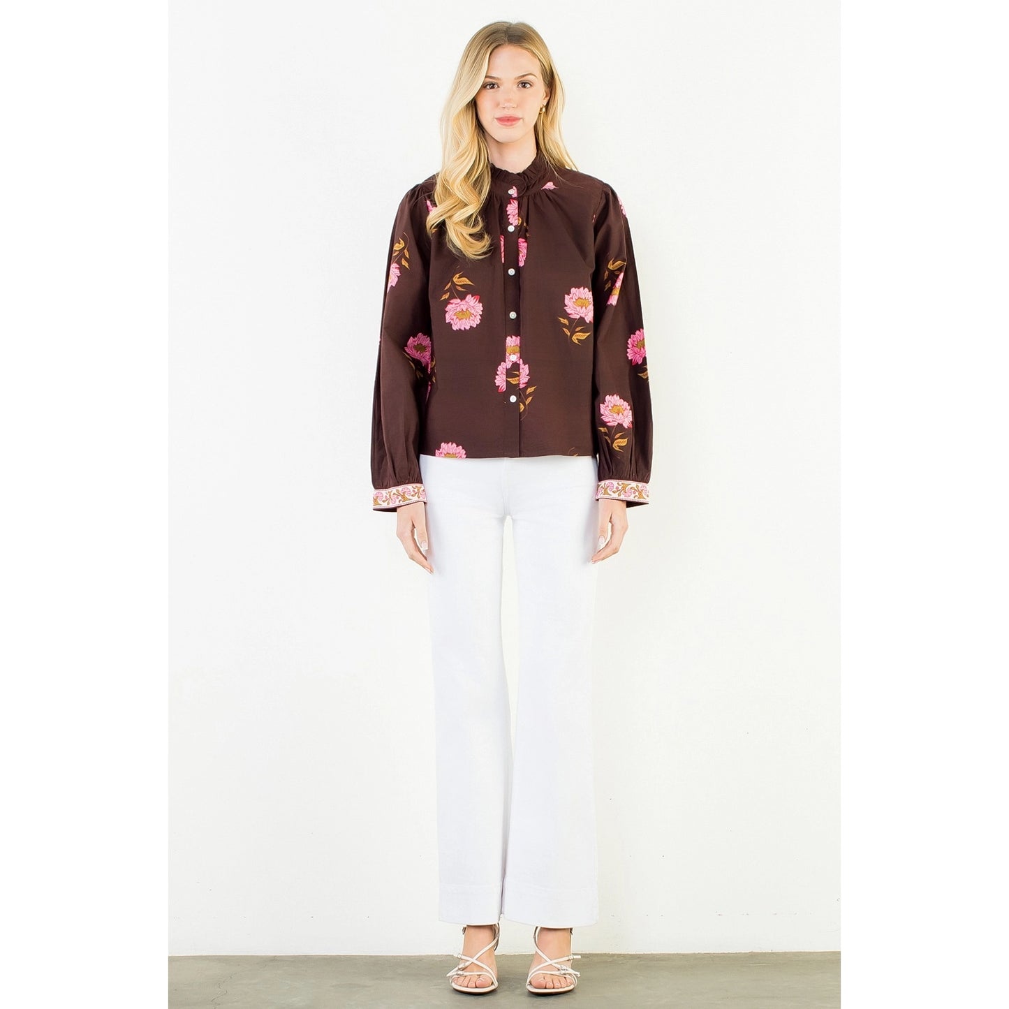 Long Sleeve Floral Top with Pattern Cuffs - Brown