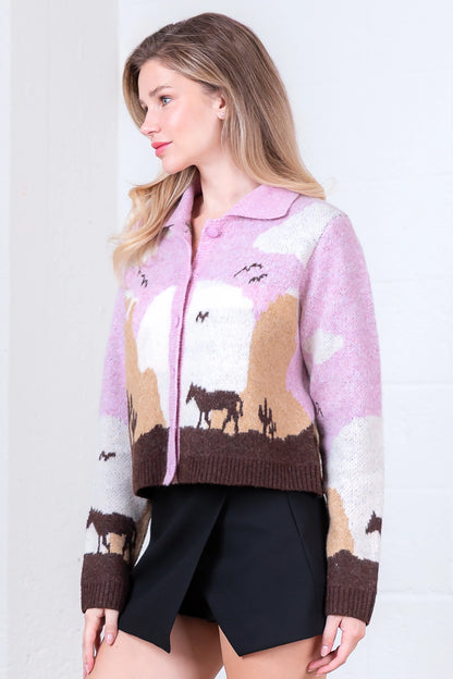 Cozy Sweater Knit Horse Cardigan - Pink/Taupe - Spinout