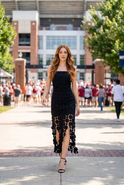 3D Lace Appliqué Fringe Hem Bodycon Midi Dress - Black