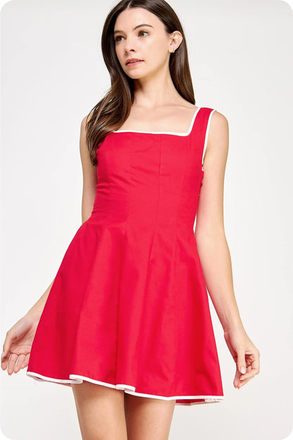 Piping Contrast Sleeveless Linen Mini Dress - Red