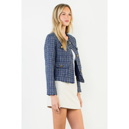 Fringe Hem Button Front Tweed Jacket - Navy