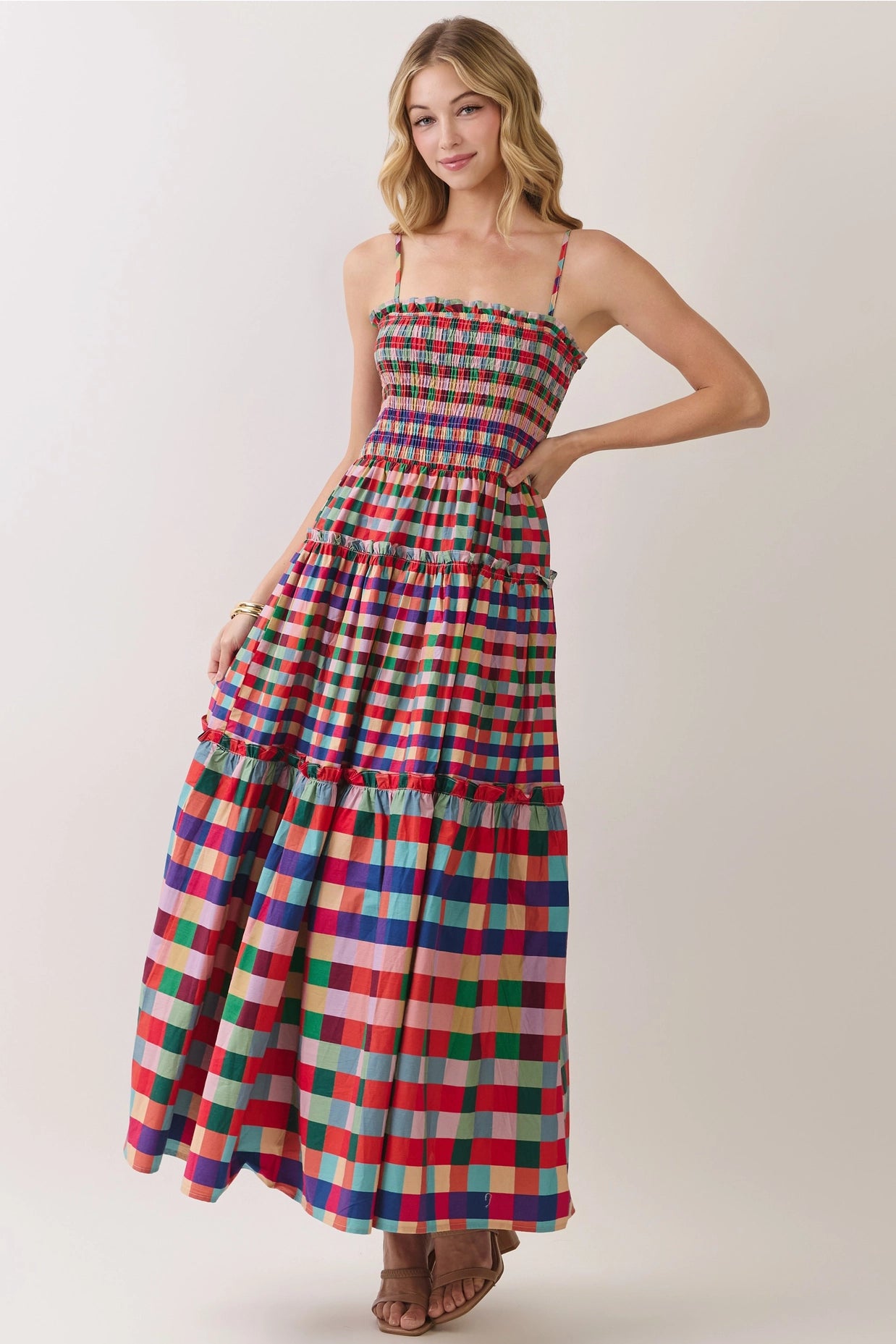 Smocked Bodice Plaid Tiered Maxi Dress - Multi