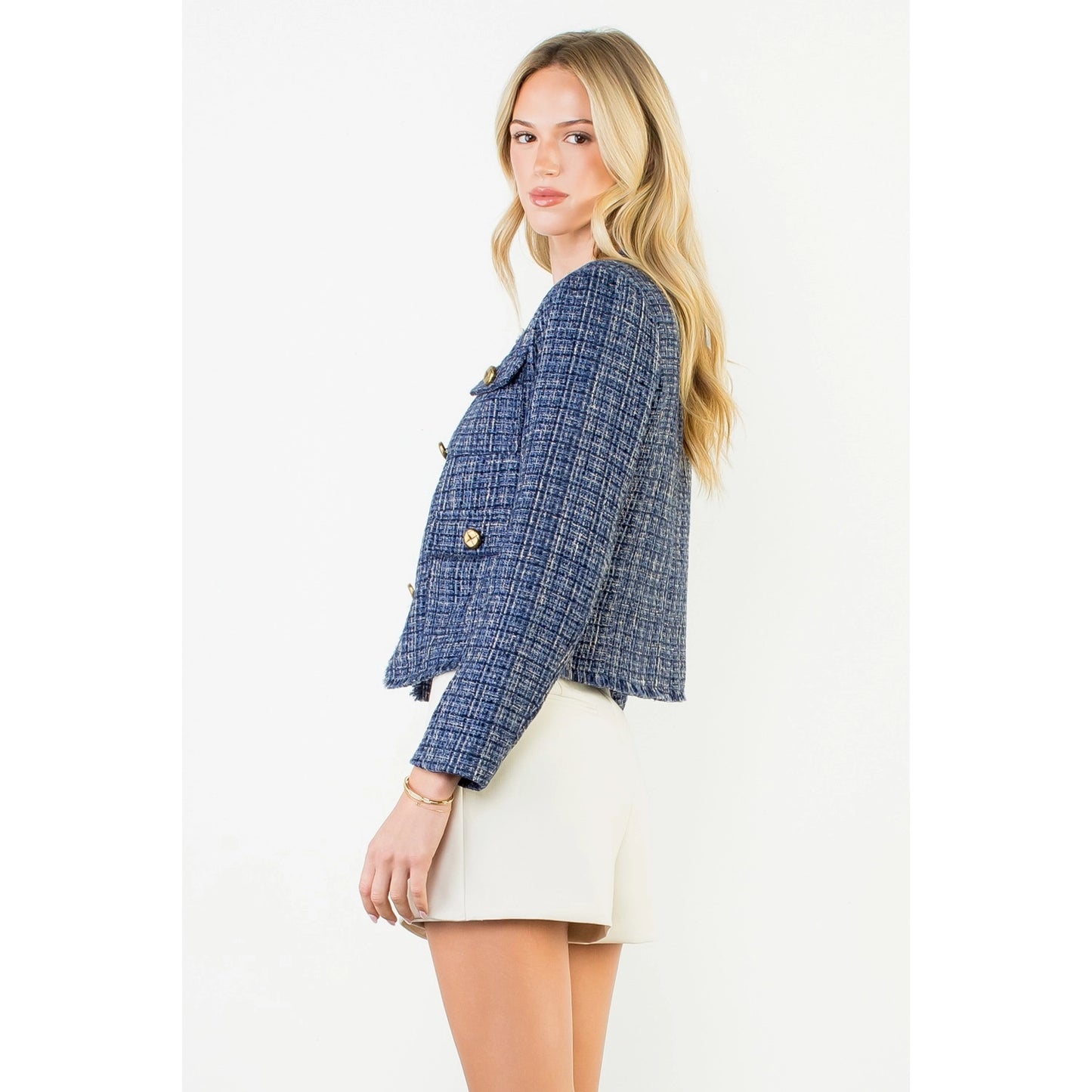 Fringe Hem Button Front Tweed Jacket - Navy