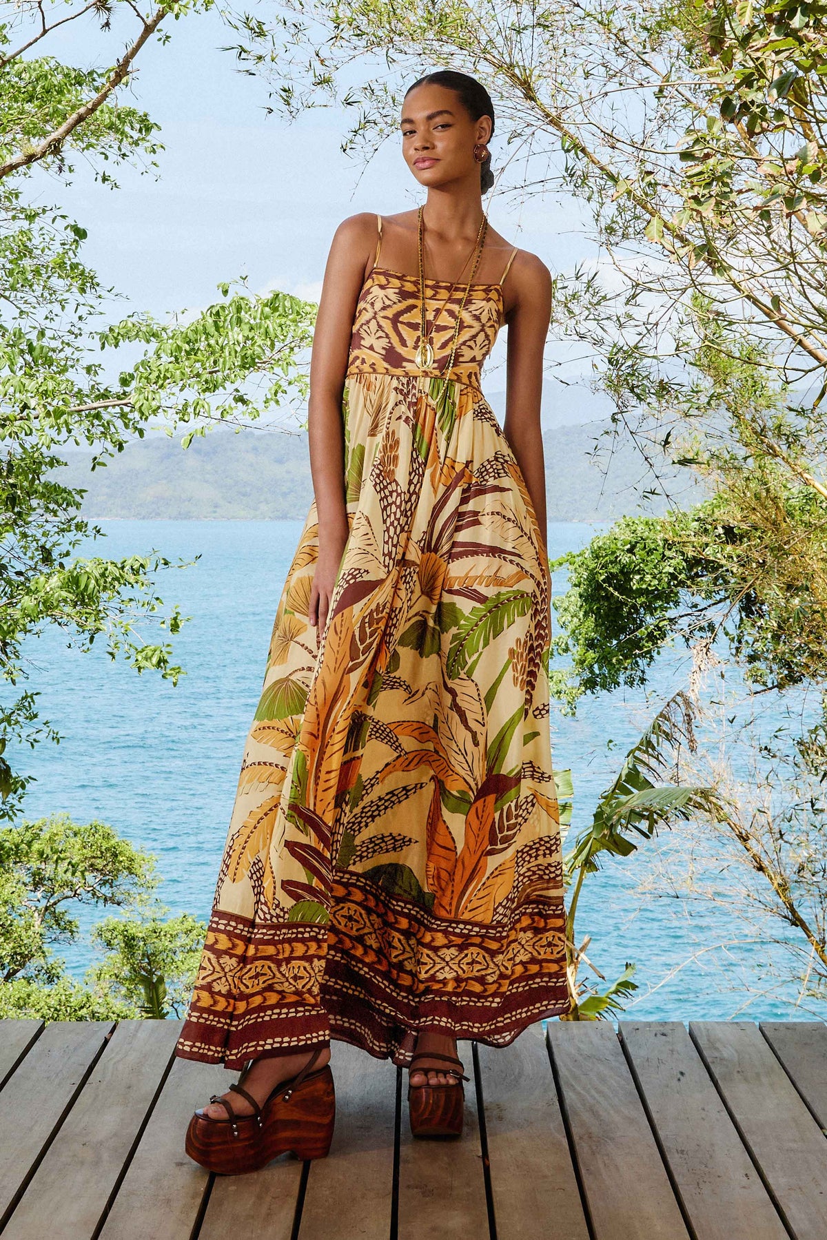 farm rio brown dotted horses maxi dress Foliage Sketch Sand XS regenerative cotton