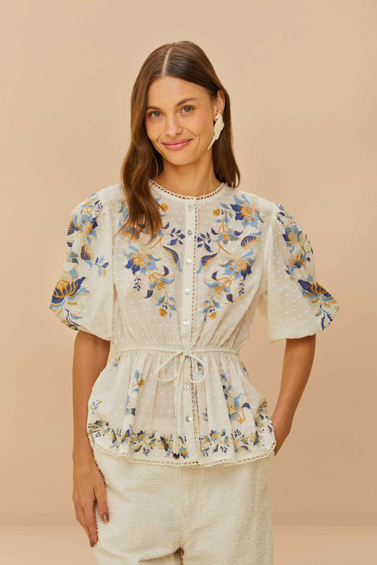 Farm Rio - Off-White Mystic Blue Lotus Dreamscape Blouse
