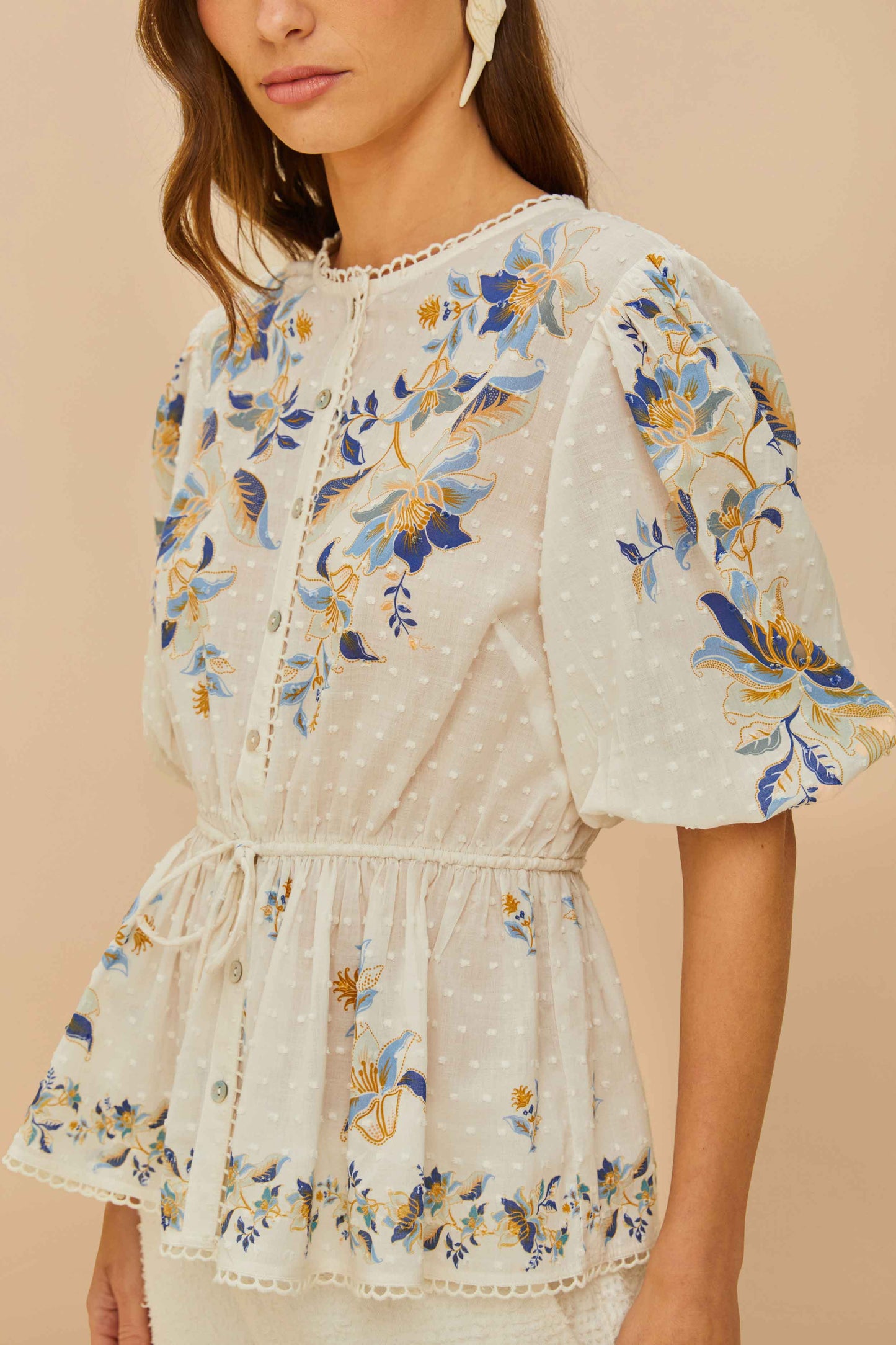 Farm Rio - Off-White Mystic Blue Lotus Dreamscape Blouse