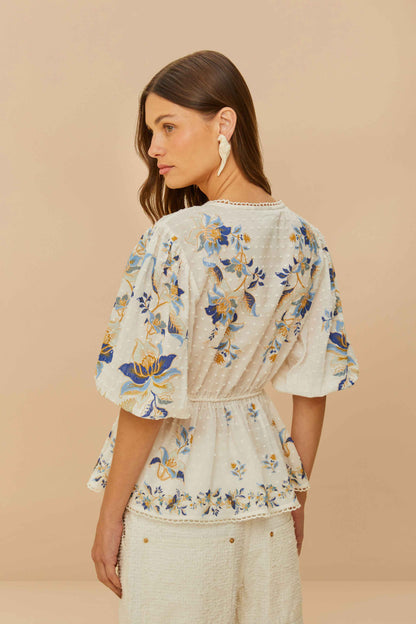 Farm Rio - Off-White Mystic Blue Lotus Dreamscape Blouse