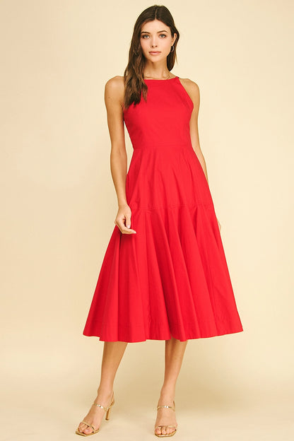 Halter Neck A-Line Midi Dress - Red