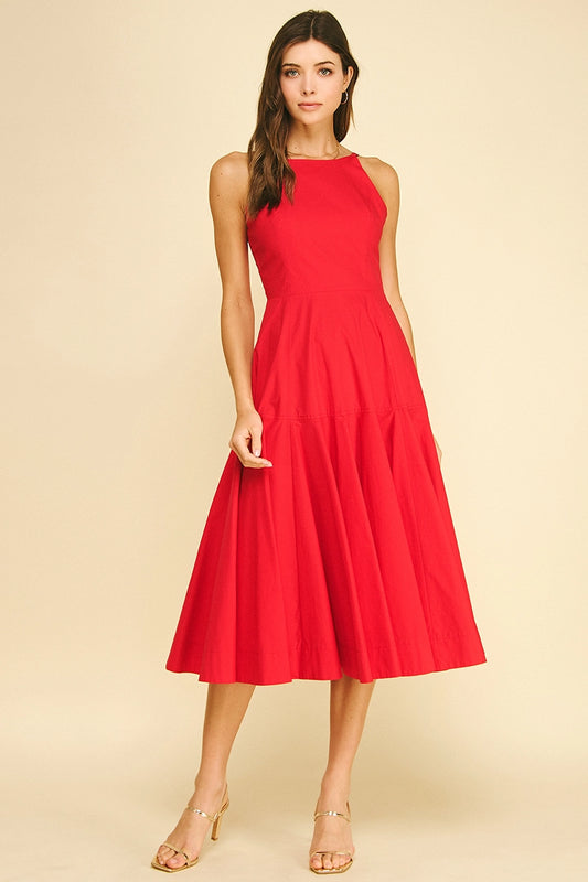 Halter Neck A-Line Midi Dress - Red