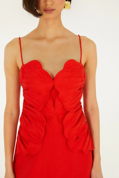 Red 3d Flower Euroflax Premium Linen Mini Dress