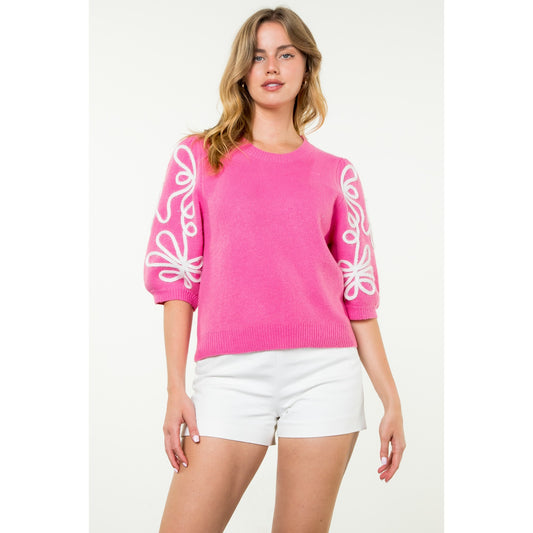 THML - Short Sleeve Embroidered Detail Knit Top - Pink