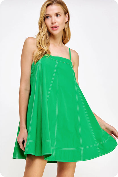 Contrast Top Stitch Mini Dress - Emerald