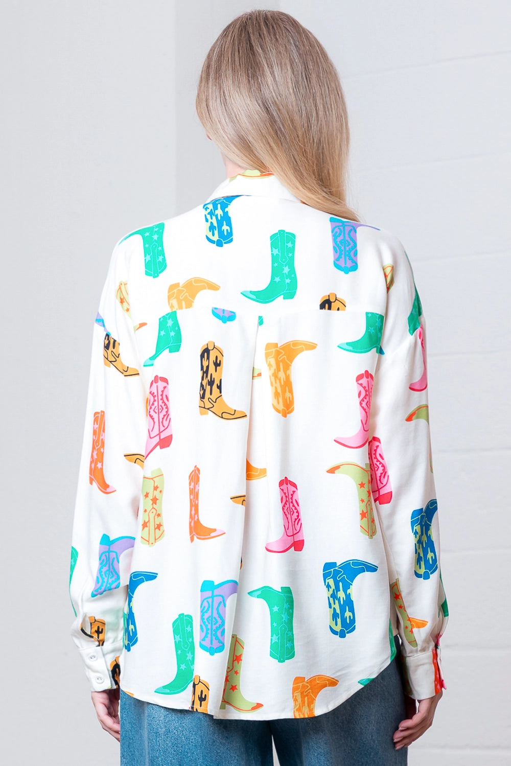 Printed Button Up Long Sleeve Top - Ivory Multi - Spinout