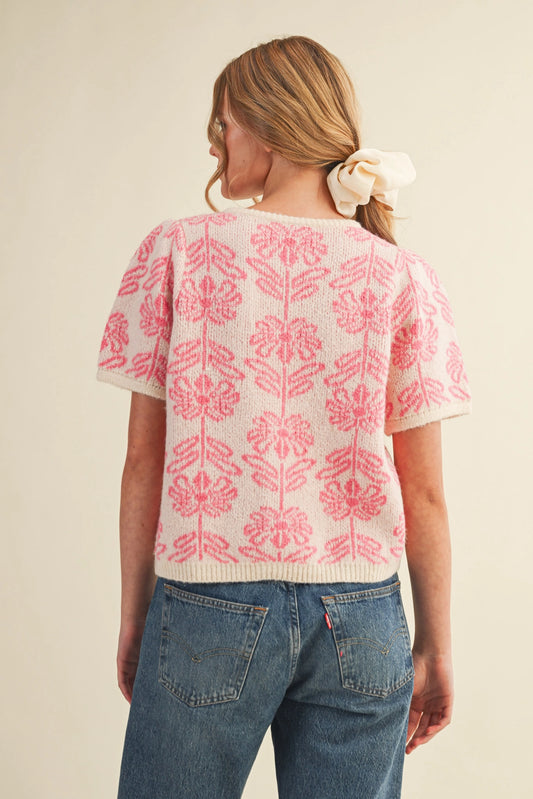 Floral Knit Short Puff Sleeve Sweater Cardigan - Pink