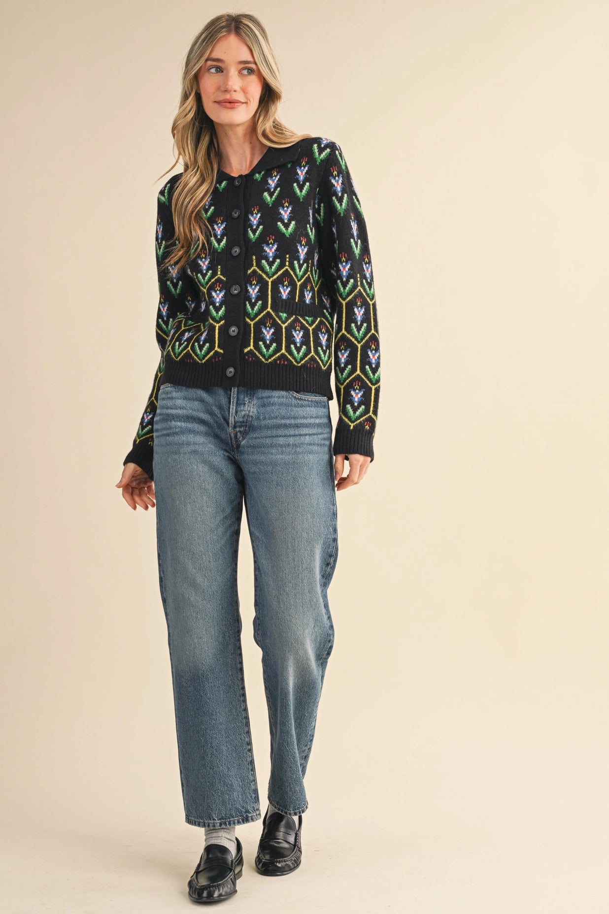 Floral Knit Collared Sweater Cardigan - Black Multi