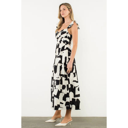 THML - Ruffle Strap Abstract Print Maxi Dress - Black