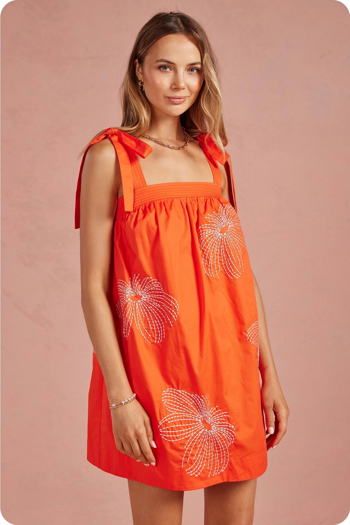 Embroidered Tie Shoulder Sleeveless Mini Dress - Orange/Off White