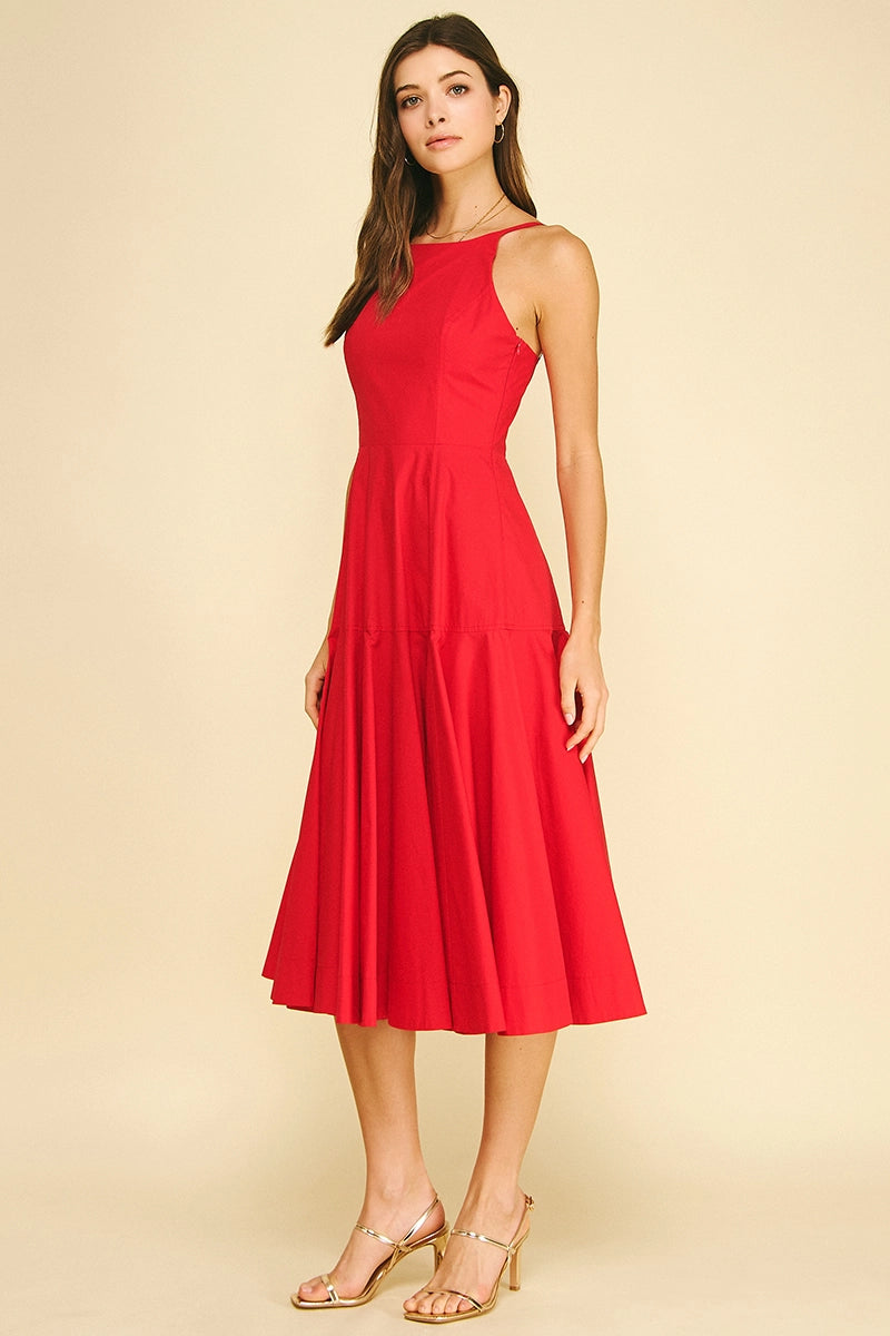 Halter Neck A-Line Midi Dress - Red