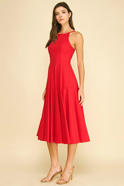 Halter Neck A-Line Midi Dress - Red