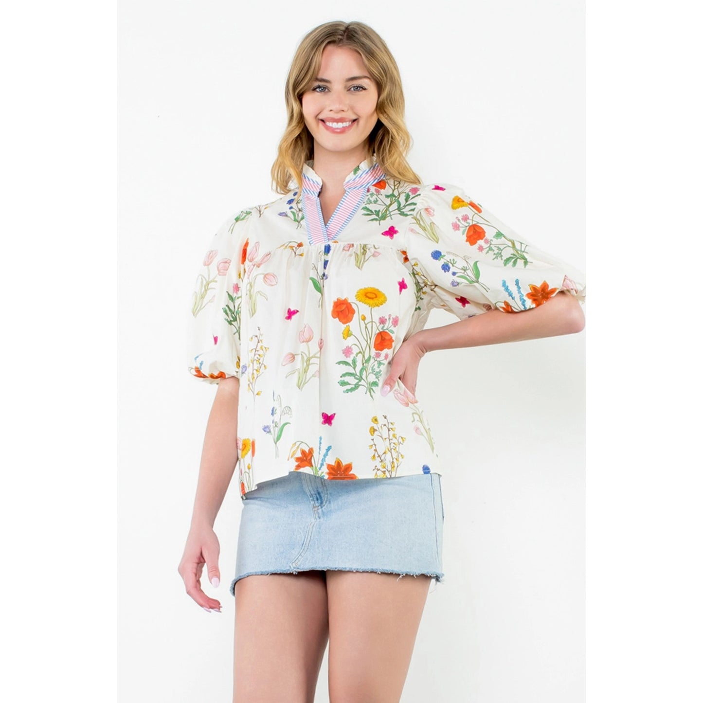 THML - Puff Sleeve Floral Top - Cream