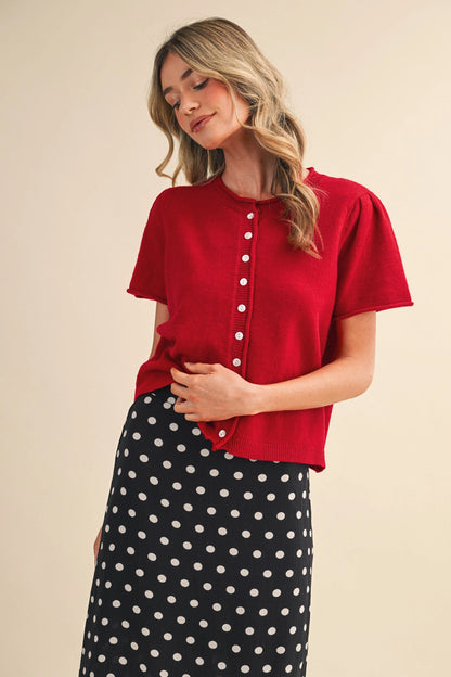 Short Sleeve Sweater Cardigan - Red