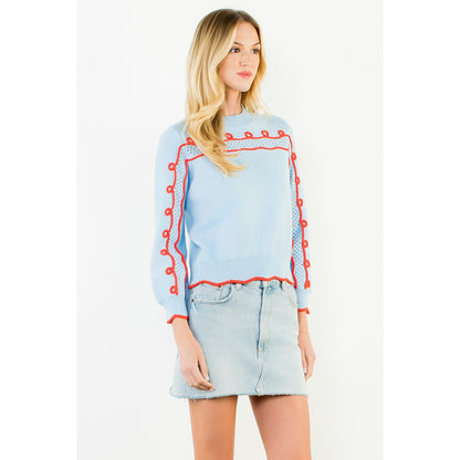 Long Sleeve Wavy Pattern Knitted Sweater - Blue