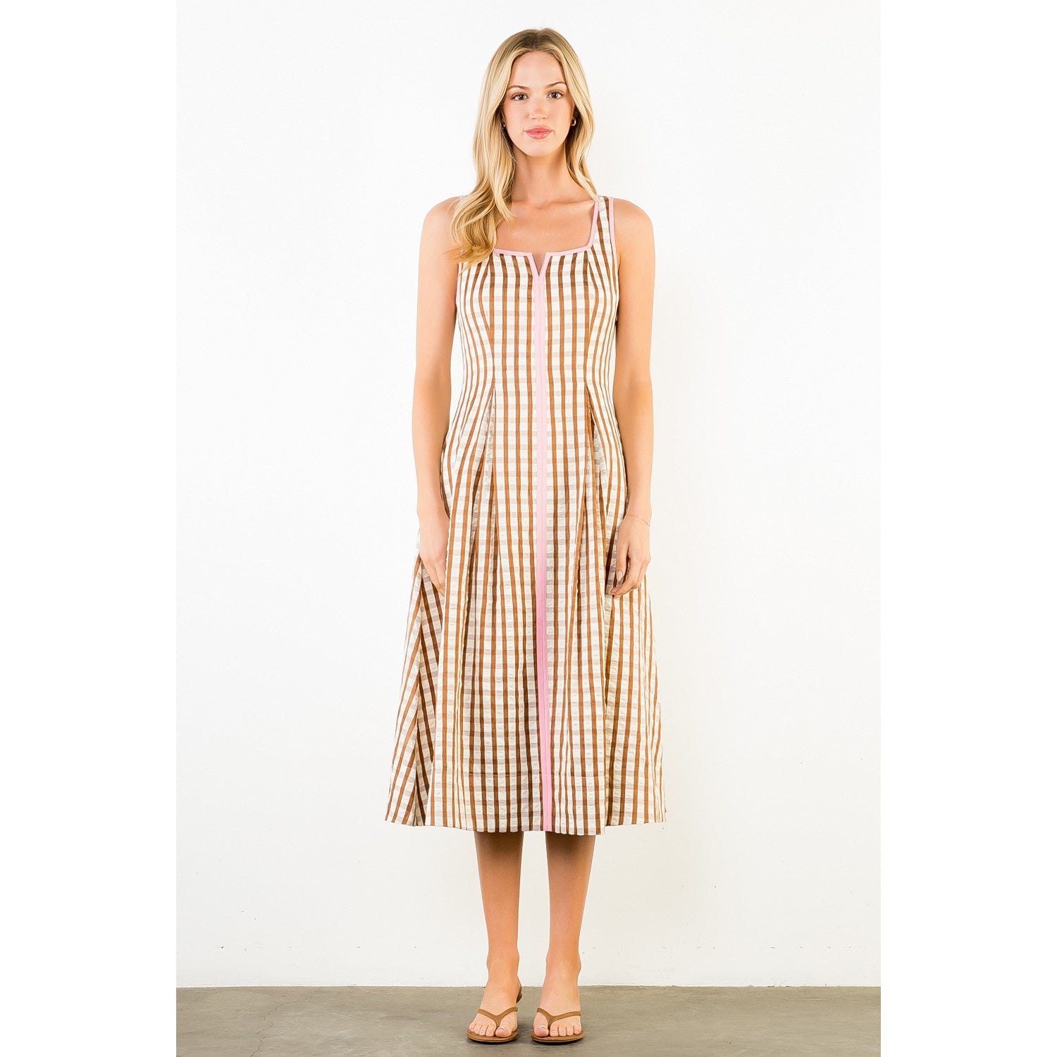Thin Strap Gingham Pattern Dress - Brown