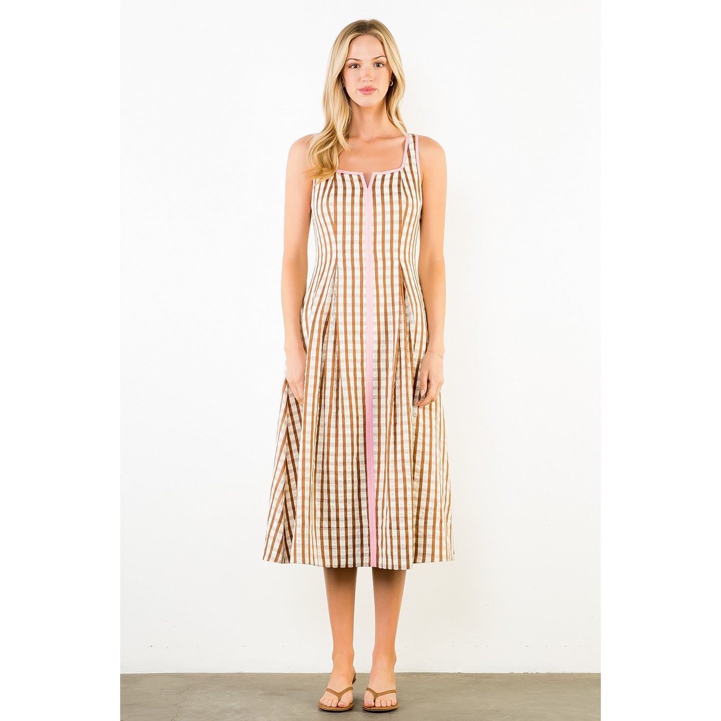 Thin Strap Gingham Pattern Dress - Brown