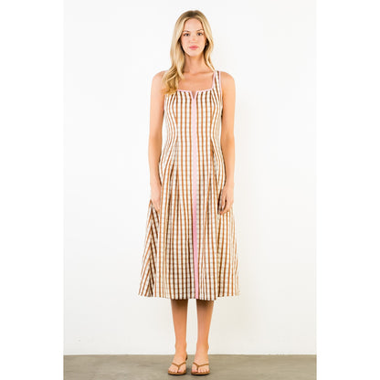 Thin Strap Gingham Pattern Dress - Brown