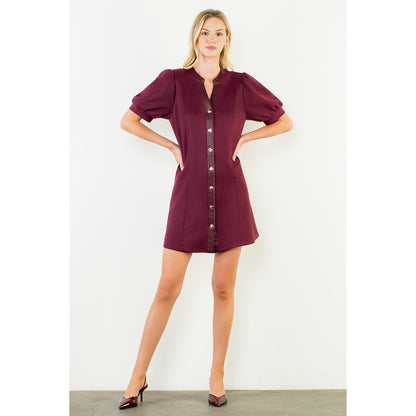 Suede Short Dress with Gold Buttons - Burgundy