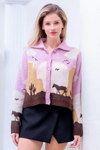 Cozy Sweater Knit Horse Cardigan - Pink/Taupe - Spinout