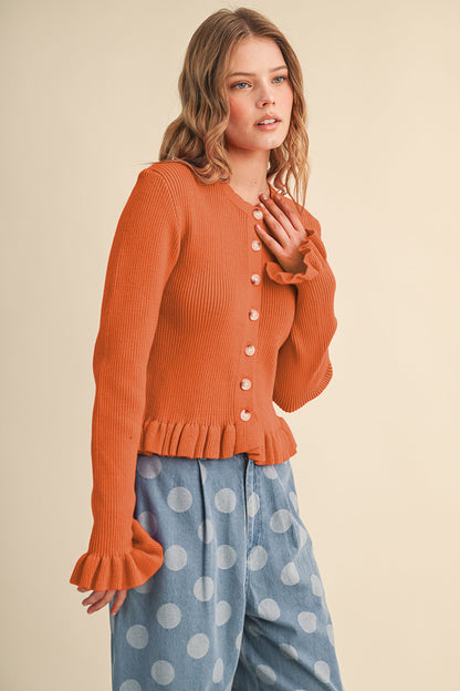 Ruffle Hem Ribbed Knit Sweater Cardigan - Orange