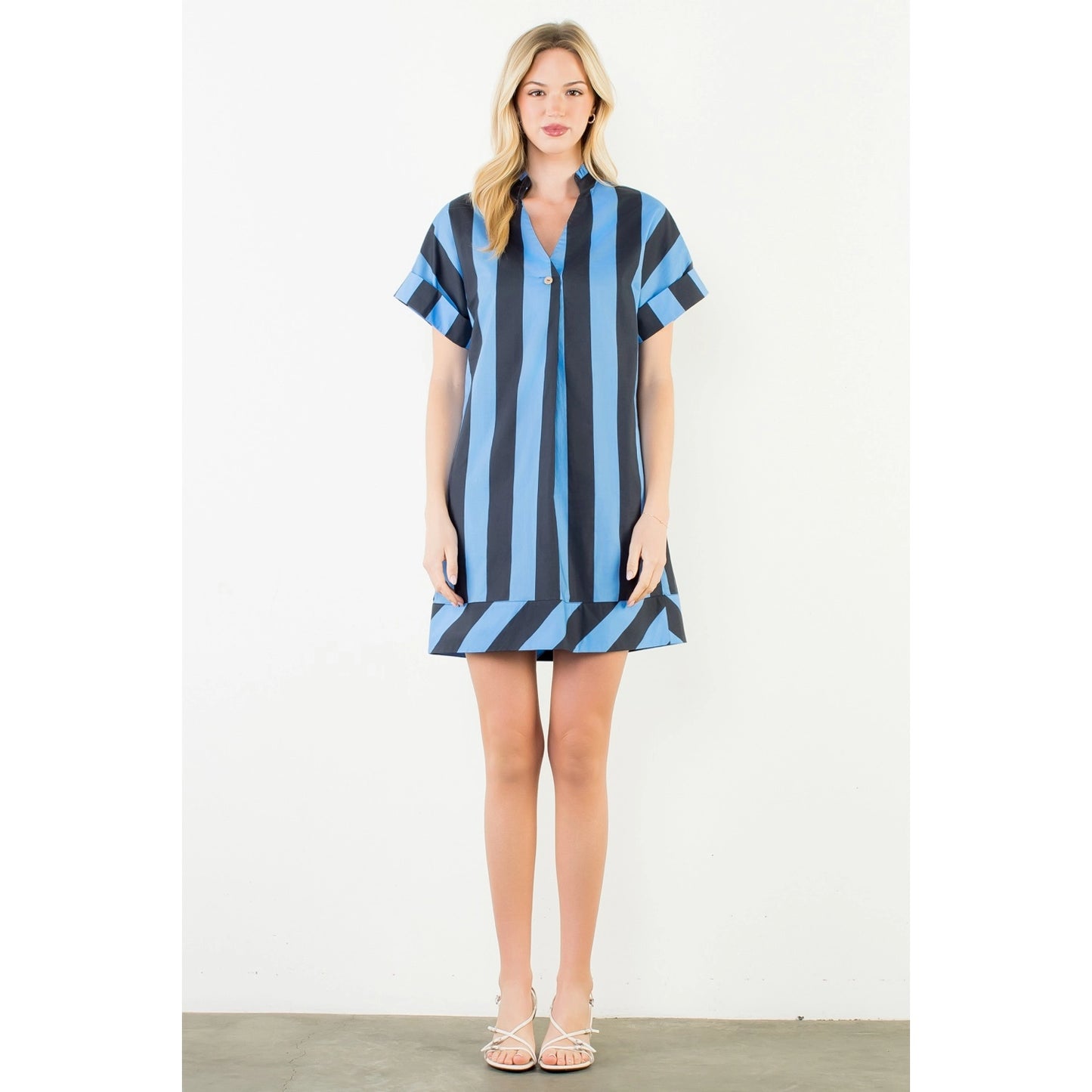 Short Sleeve Striped V-Neck Dress - Blue