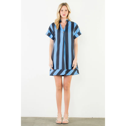 Short Sleeve Striped V-Neck Dress - Blue