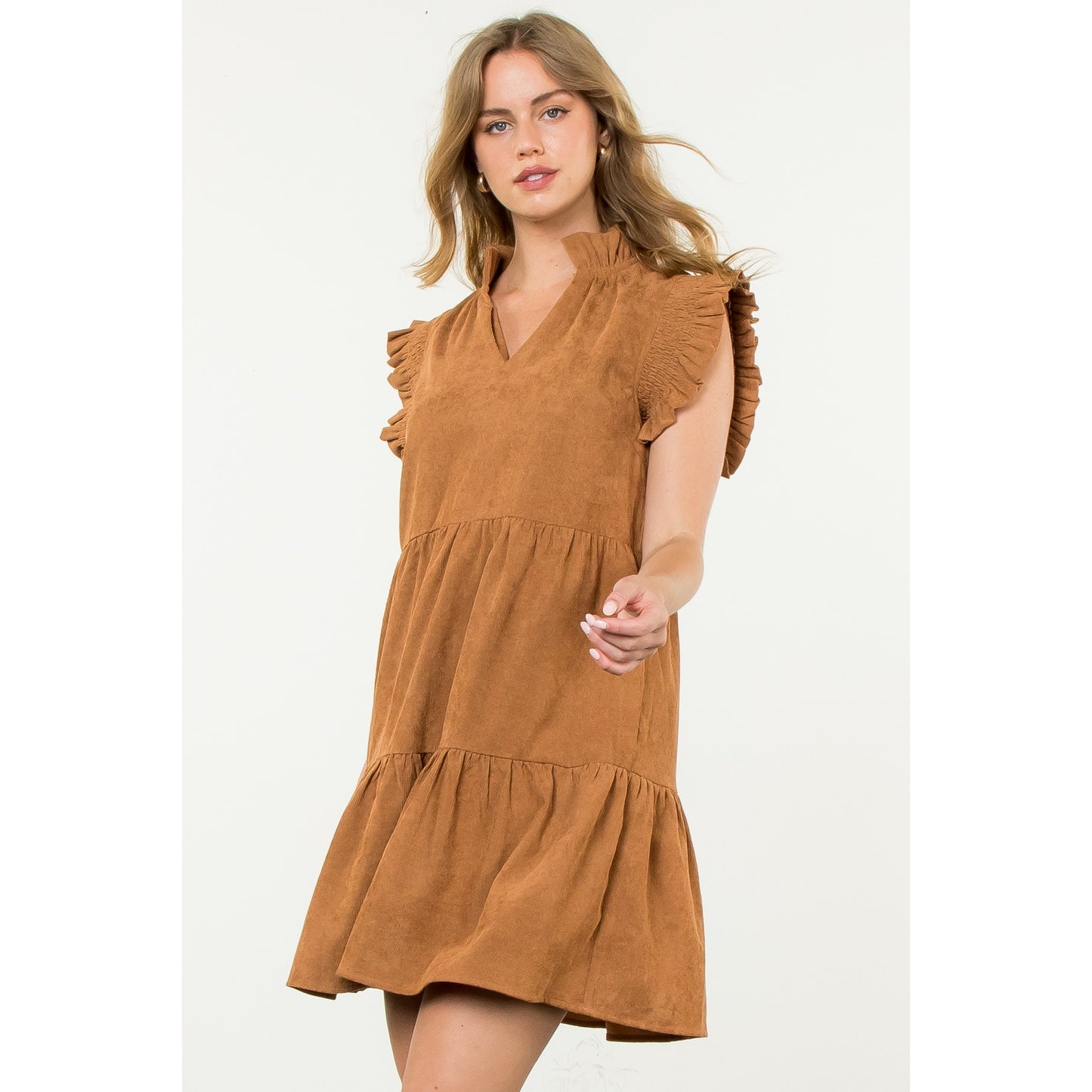 THML - Flutter Sleeve Corduroy Midi Dress - Camel