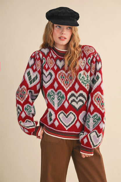 Heart Pattern Pullover Sweater - Brown Multi