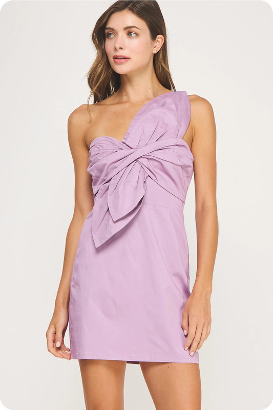 Knotted Flower Bow Mini Dress - Mauve Lilac