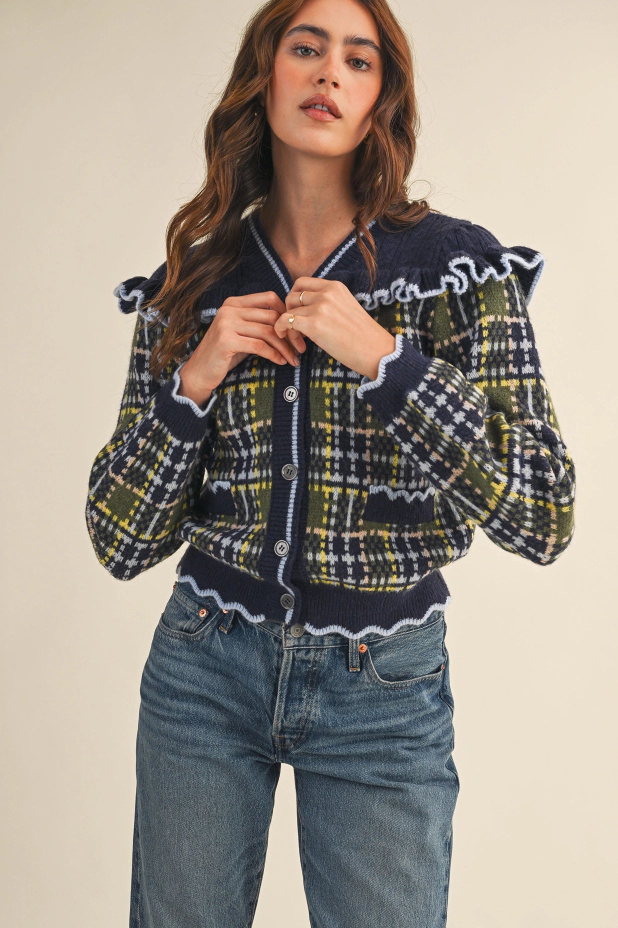 Ruffled Yoke Plaid Sweater Cardigan - Navy