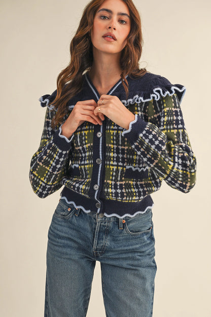 Ruffled Yoke Plaid Sweater Cardigan - Navy