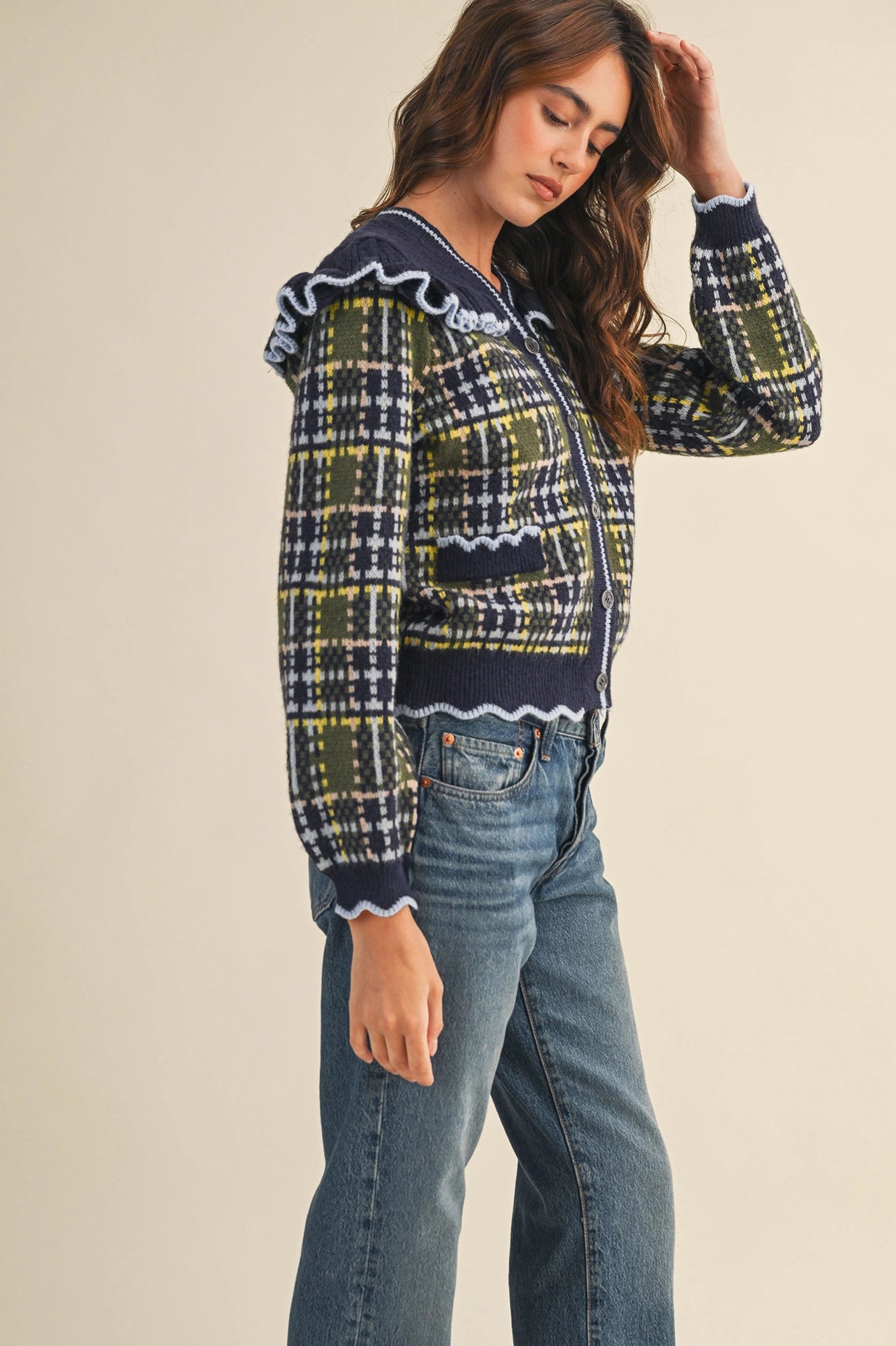 Ruffled Yoke Plaid Sweater Cardigan - Navy
