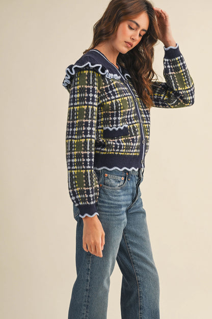 Ruffled Yoke Plaid Sweater Cardigan - Navy