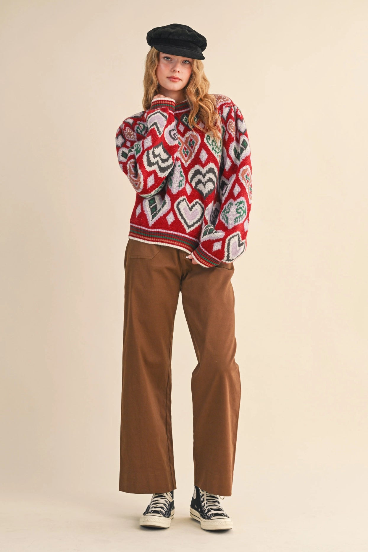 Heart Pattern Pullover Sweater - Brown Multi