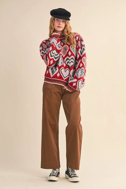 Heart Pattern Pullover Sweater - Brown Multi