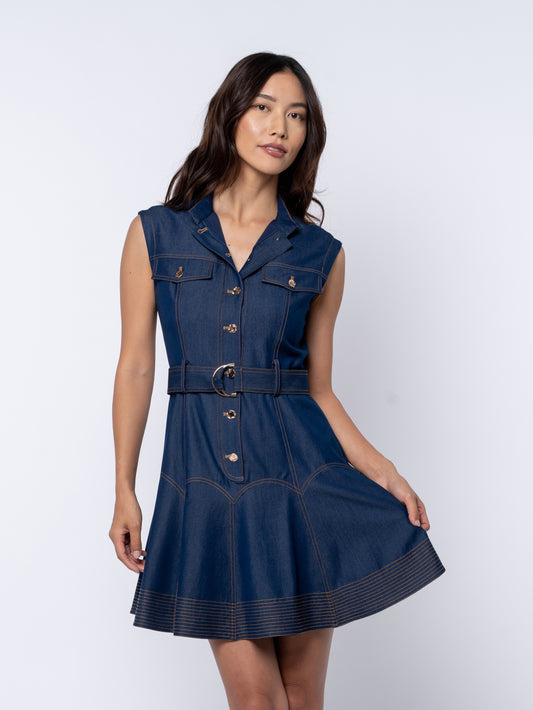 Vita Belted Denim Mini Dress - Navy