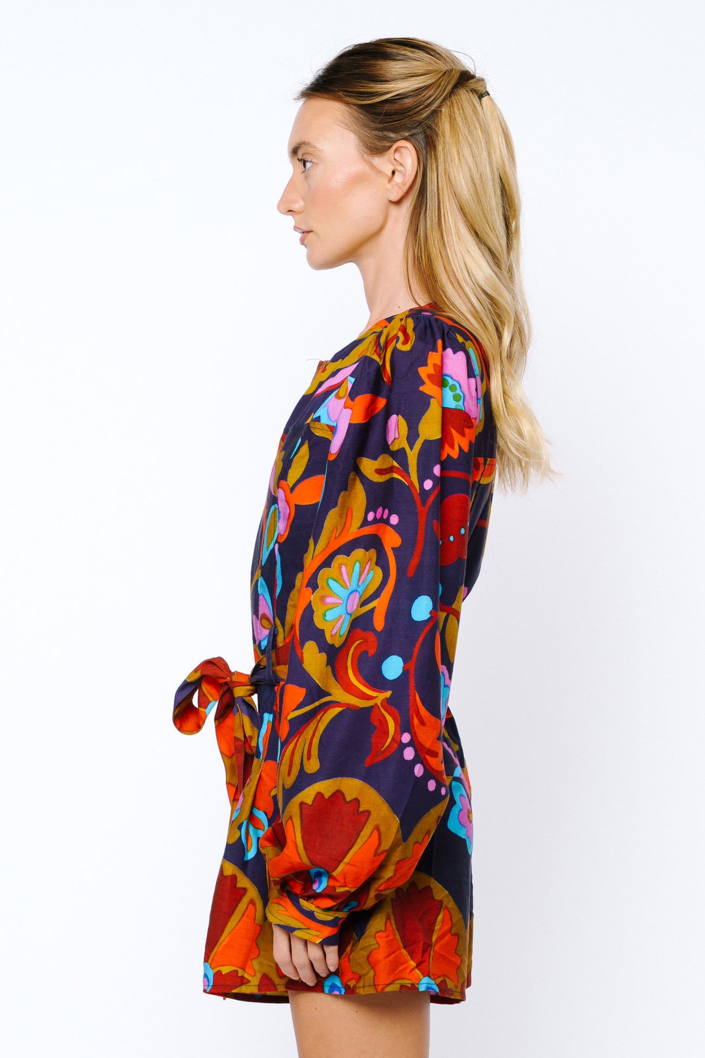 Sophie Belted Long Sleeve Romper - Navy Multi