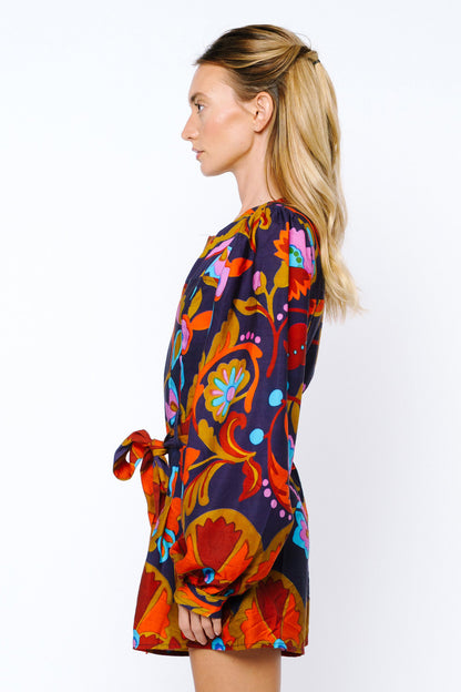 Sophie Belted Long Sleeve Romper - Navy Multi
