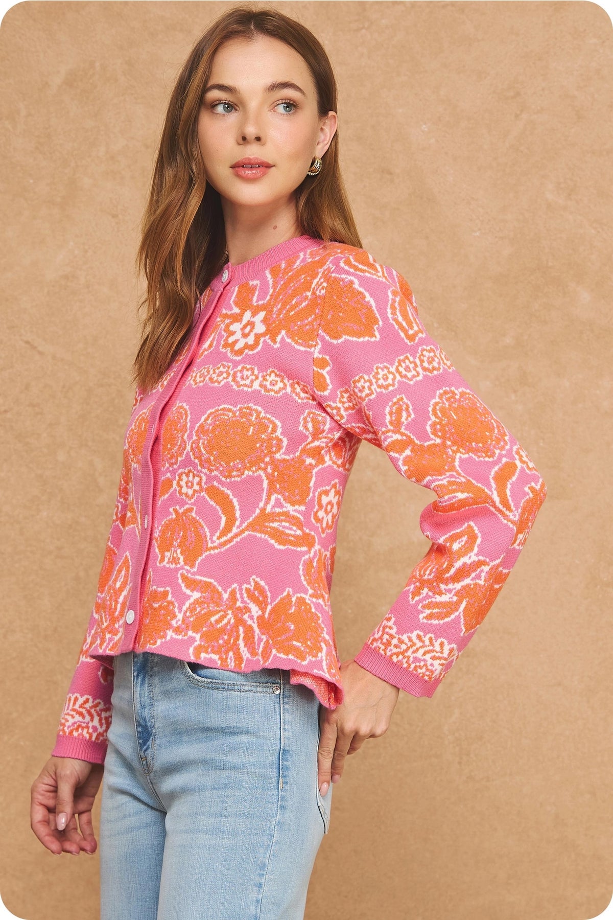 Floral Intarsia Peplum Button Down Cardigan - Pink/Orange