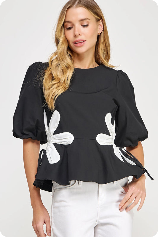 Flower Color-Block Poplin Top - Black/Off White