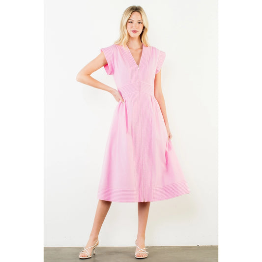 Short Sleeve Pintuck Zip Midi Dress - Pink