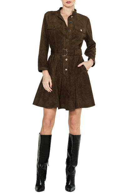 Karrie Belted Long Sleeve Faux Suede Shirtdress - Olive